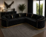 Madrid 5 Seater Black Velvet Corner Sofa with Gold Trim | Luxury Chesterfield L-Shaped Sofa UK - Image 2