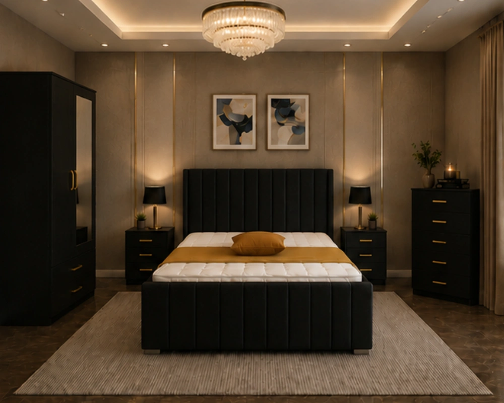 Midnight Royale Complete Bedroom Set Premium Home Bedroom Set - King Size Bed - Two Door Wardrobe With Mirror - Five Drawer Chest - Two Bedside Tables - Image 1