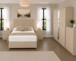 Elegant King Size Bed Room Set – Five Door Wardrobe, Full Mirror, Four Bottom Drawers, Chest of Five Drawers & Bed Side Tables