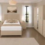 Elegant King Size Bed Room Set – Five Door Wardrobe, Full Mirror, Four Bottom Drawers, Chest of Five Drawers & Bed Side Tables