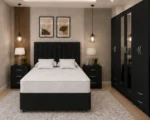 Complete King Size Bedroom Set– Storage Bed – 6 Door Mirrored Wardrobe – 5 Drawer Chest – Twin Bedside Cabinets
