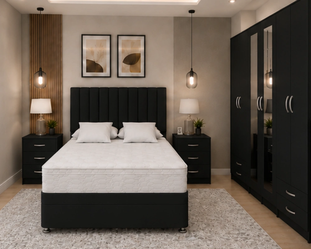 Modern Black Bedroom Furniture Suite Complete King Size Bedroom Set– Storage Bed – 6 Door Mirrored Wardrobe – 5 Drawer Chest – Twin Bedside Cabinets - Image 1