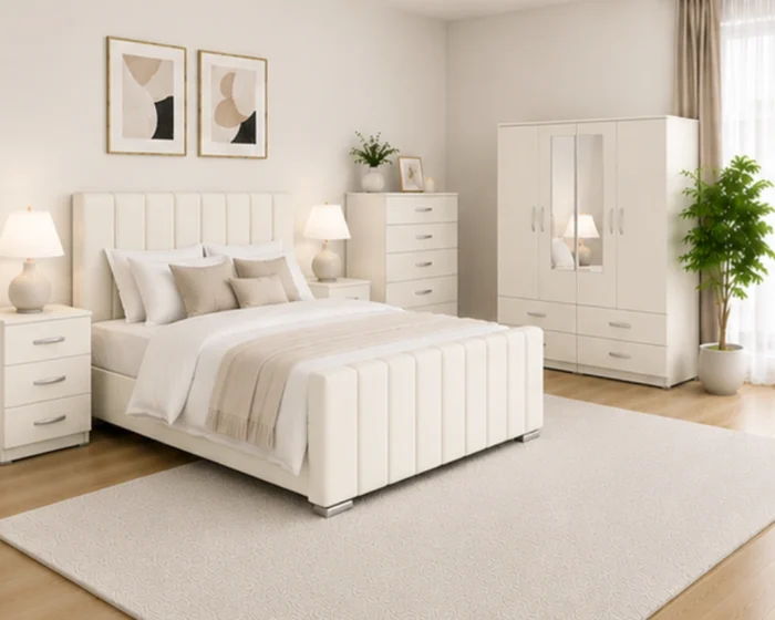 Complete Bedroom Furniture Package - King Size Bed - 4 Door Mirror Wardrobe - Five Drawer Chest - Two Bedside Tables