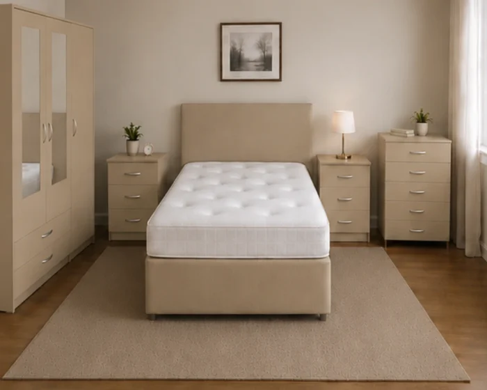 Modern Beige King Size Bedroom Furniture Set - 3 Door Wardrobe With Four Drawer - Chest of Five Drawers With Two Bed Side Table