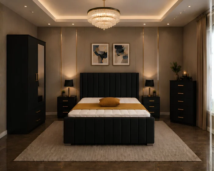 Premium Home Bedroom Set - King Bed - Two Door Wardrobe With Mirror - Five Drawer Chest - Two Bedside Tables