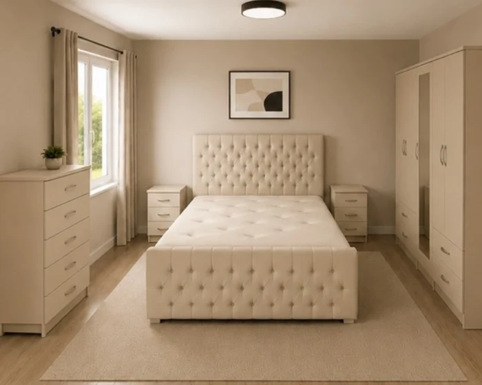 Elegant King Size Bed Set With Four Door Wardrobe With Two Mirrors - Chest of Five Drawers With Two Bed Side Table