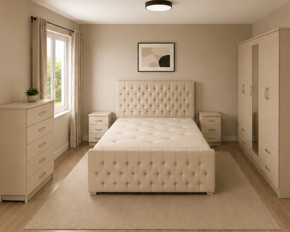 Modern King Size Bedroom Furniture Set with Storage Elegant King Size Bed Set With Four Door Wardrobe With Two Mirrors - Chest of Five Drawers With Two Bed Side Table - Image 1