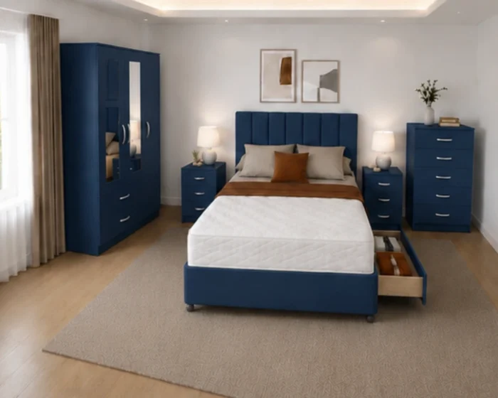 Complete King Size Bed Bedroom Set - 3 Door Wardrobe With Two Full Length Mirrors And Two Bottom Drawers - Five Drawer Chest - Two Bedside Tables