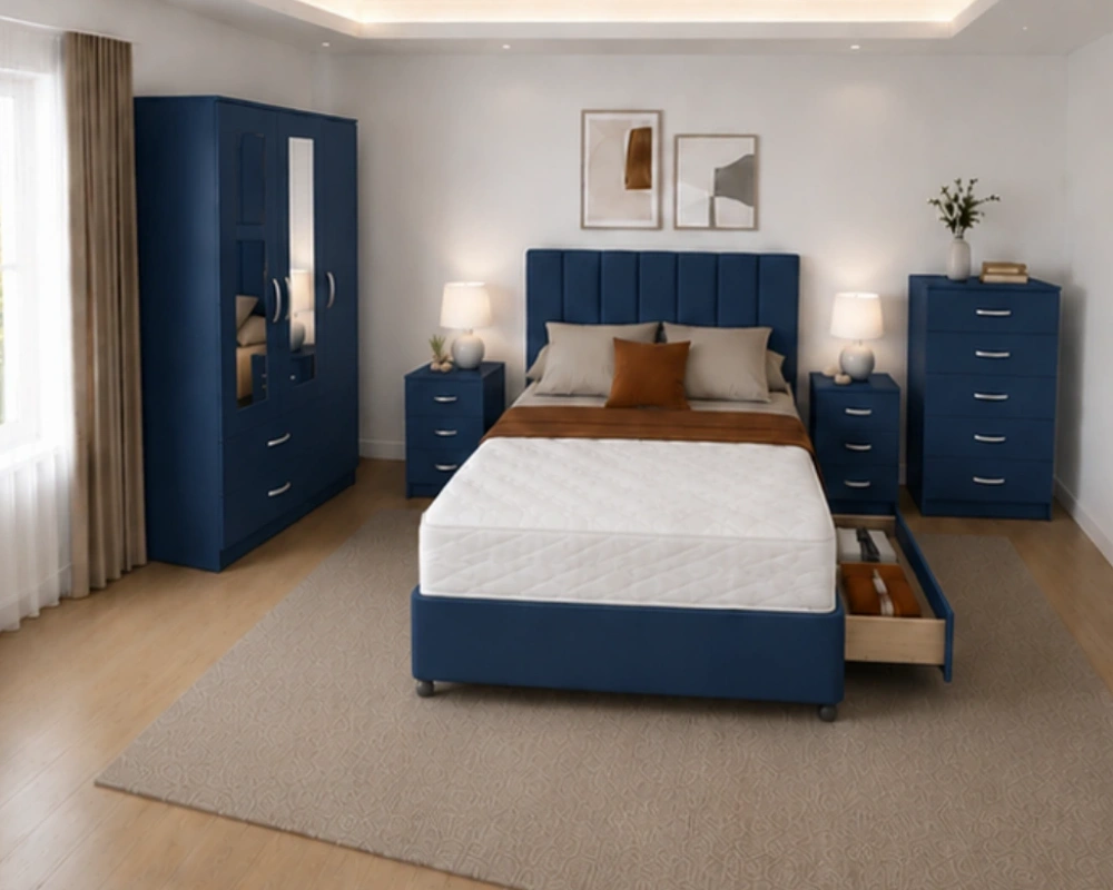 Modern Luxury Bedroom Suite with Navy Blue Bed, Wardrobe, Bedside Tables & Spacious Chest of Drawers Complete King Size Bed Bedroom Set - 3 Door Wardrobe With Two Full Length Mirrors And Two Bottom Drawers - Five Drawer Chest - Two Bedside Tables - Image 1