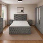 King Size Bed Furniture Set - Four Door Wardrobe With Two Mirrors And Four Bottom Drawers - Chest of Five Drawers With Two Bed Side Tables