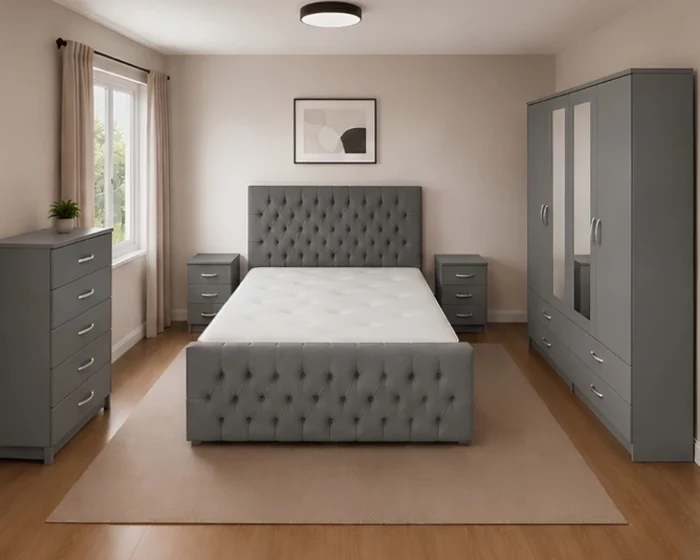 King Size Bed Furniture Set - Four Door Wardrobe With Two Mirrors And Four Bottom Drawers - Chest of Five Drawers With Two Bed Side Tables