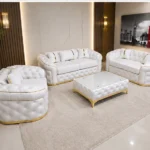 Luxury White Chesterfield 3+2+1 Seater Sofa Set with Gold Trim | Modern Velvet Sofa UK