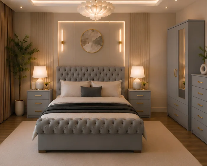 Modern Home Bedroom Furniture - king Bed - Two Door Mirror Wardrobe - Five Drawer Chest - Two Bedside Cabinets