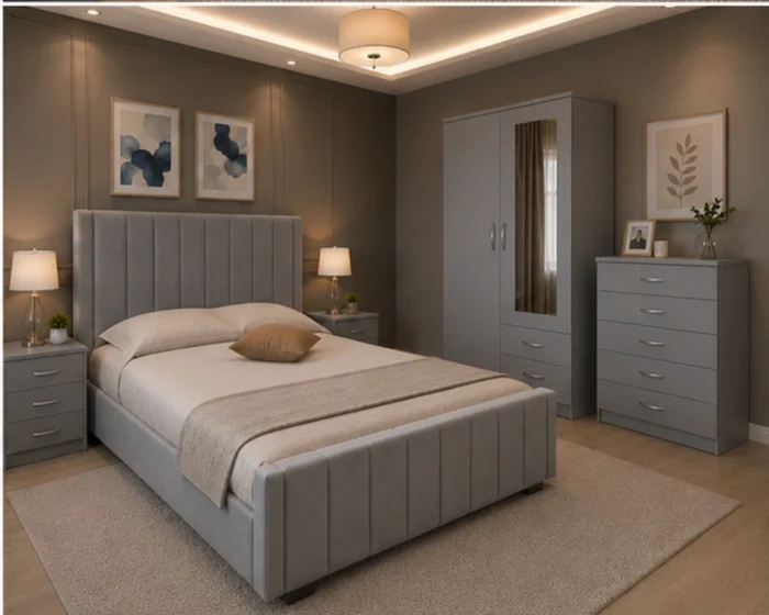 Luxury King Size Bed Furniture Set - two Door Wardrobe With two Drawer - Chest of Five Drawers With Two Bed Side Table