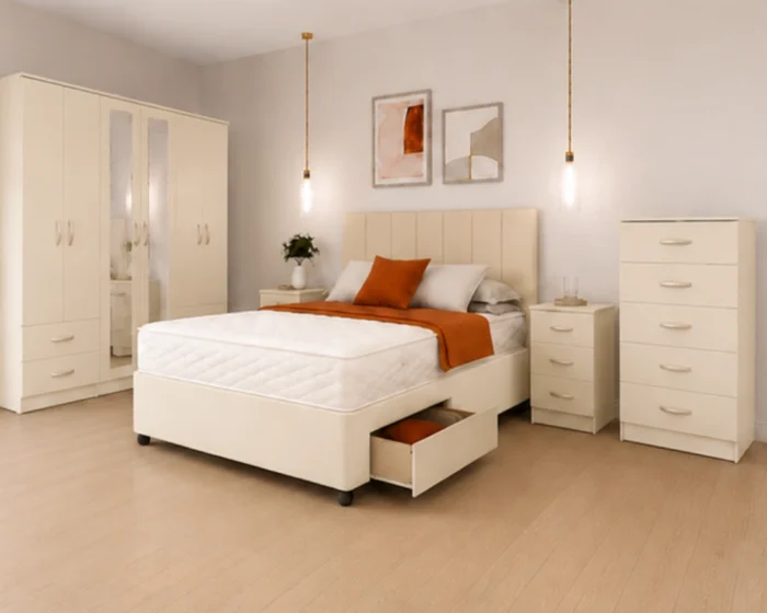 Contemporary Bedroom Bundle – King Size Bed Frame – 6 Door Wardrobe – Chest of 5 Drawers – 2 Side Cabinets