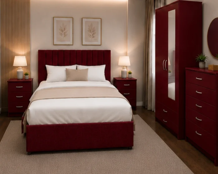 Elegant Home Bedroom Set - King Size Bed - 2 Door Wardrobe With Mirror - Five Drawer Chest - Two Bedside Tables