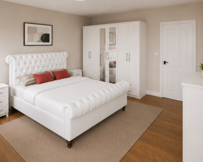 Luxury King Size Bed Furniture Set - Six Door Wardrobe With Four Drawer - Chest of Five Drawers With Two Bed Side Table
