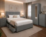 King Size Bed Bedroom Collection - Two Door Mirror Wardrobe With Bottom Drawer - Five Drawer Chest - Bedside Table Pair
