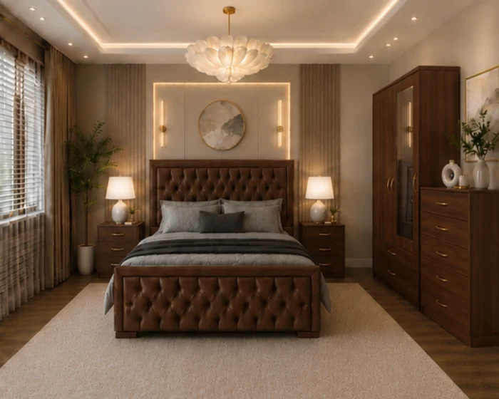 Classic King Size Bed Furniture Set - Two Door Wardrobe With One Mirror - Chest of Five Drawers With Two Bed Side Table
