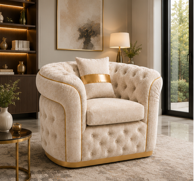 Luxury Cream Tufted Accent Chair - Beige Arm Chair - Madrid 1 Seater Sofa