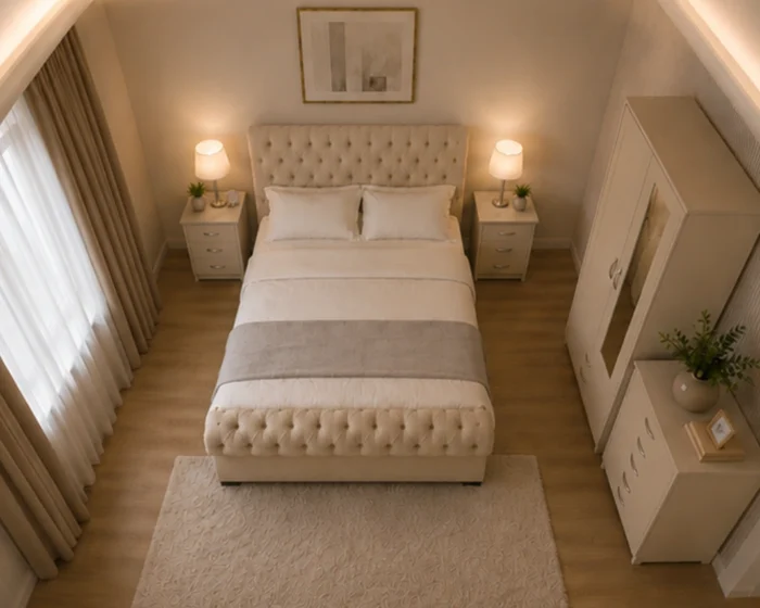 Space Saving Bedroom Set - King Size Bed - 2 Door Wardrobe With Mirror - Five Drawer Chest - Two Bedside Tables