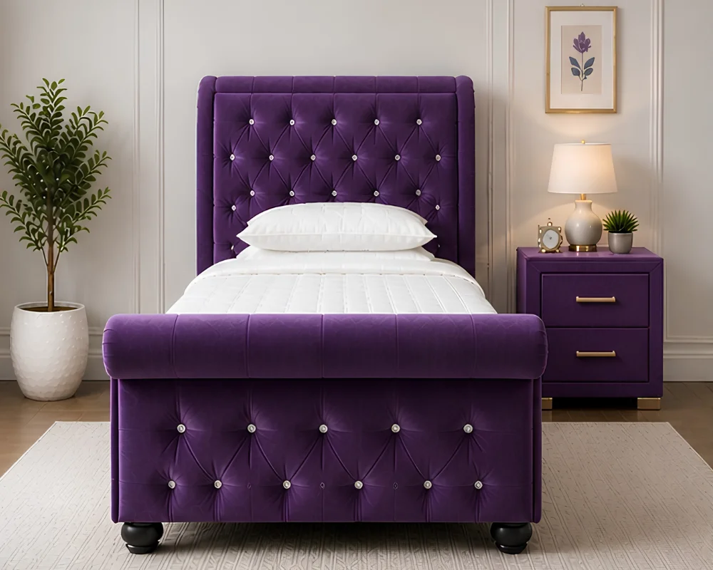 Purple Velvet Bed with Elegant Headboard and Footboard Designer Purple Sleigh Bed Frame – Luxury 3ft Single Bed - Image 1