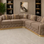 Imperial Tufted Corner mink Sofa with Gold Accents | Luxury L-Shaped Velvet Chesterfield Sofa UK