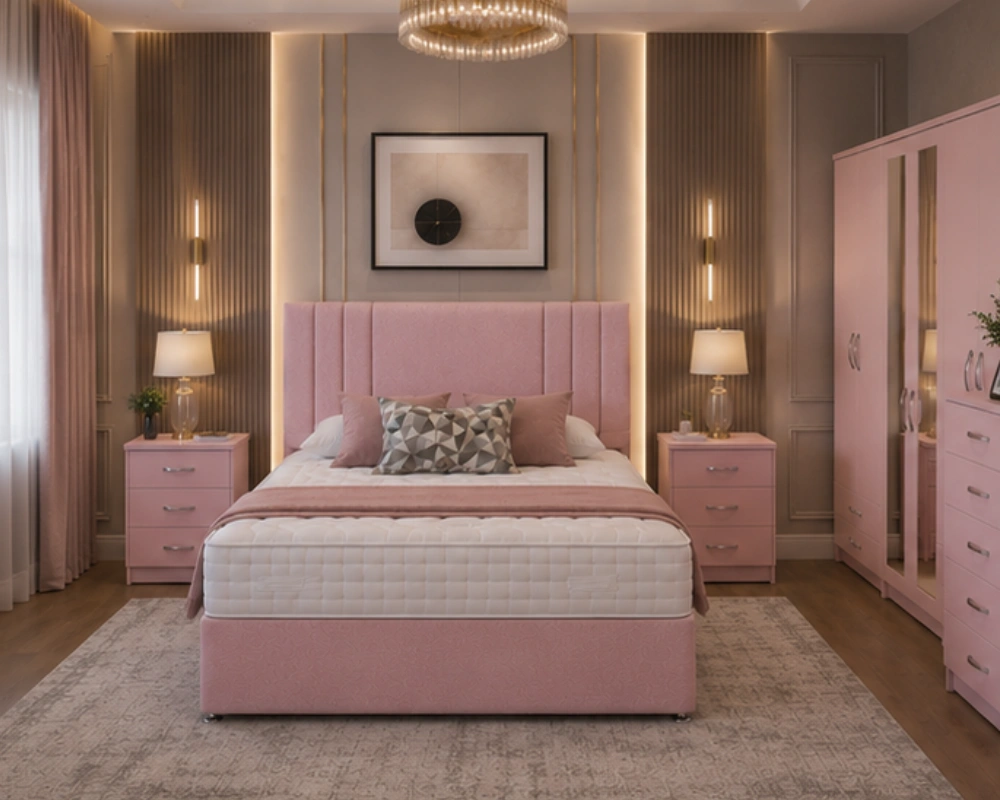 Rose Pink Luxury Bedroom Collection Modern Bedroom Collection - King Size Bed - 6 Door Mirror Wardrobe - Chest of Five Drawers - Two Bedside Cabinets - Image 1