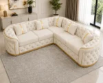 Luxury Off White L-Shaped Chesterfield Corner Sofa with Gold Accents - Image 4