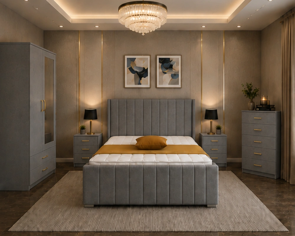 Silver Grey Elegance Bedroom Set Complete Bedroom Furniture Collection - King Size Bed - Two Door Mirror Wardrobe With Drawer - Five Drawer Chest - Two Bedside Tables - Image 1