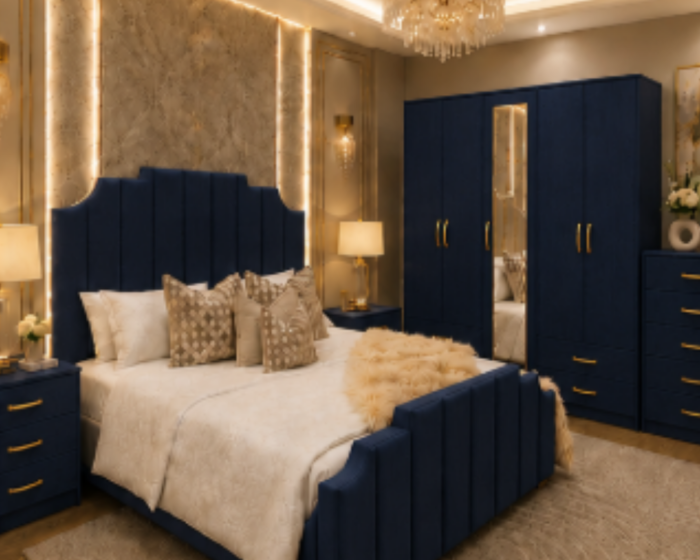 Classic King Bed Furniture Set - five Door Wardrobe With Four Drawer - Chest of Five Drawers With Two Bed Side Table