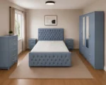 Premium King Size Bed Bedroom Set - Four Door Wardrobe With Two Mirrors And Four Bottom Drawers - Chest of Five Drawers With Two Bed Side Tables