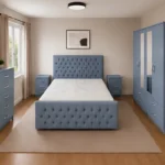 Premium King Size Bed Bedroom Set - Four Door Wardrobe With Two Mirrors And Four Bottom Drawers - Chest of Five Drawers With Two Bed Side Tables