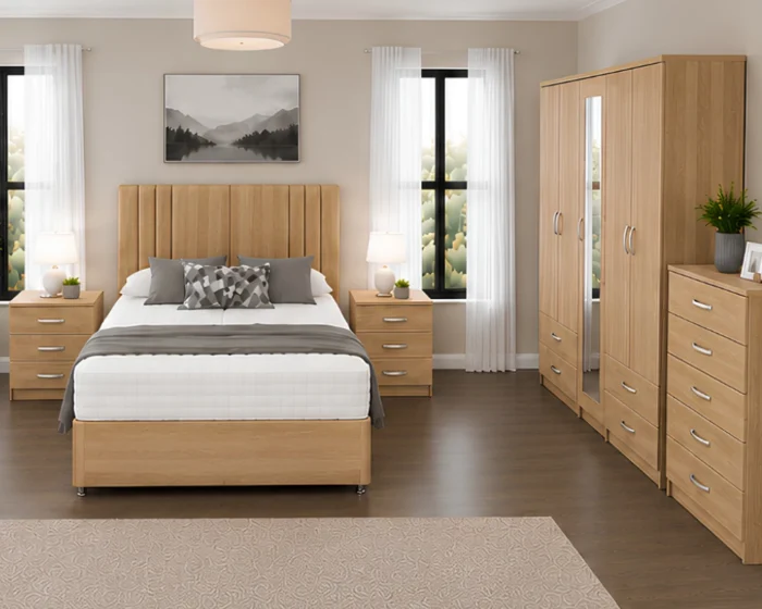 Stylish Bedroom Furniture Collection – King Size Bed, Five Door Full Length Mirror Wardrobe & Four Bottom Drawers