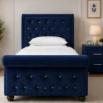 Premium Blue Single Sleigh Bed with Rolled Footboard-Single Bed with Mattress