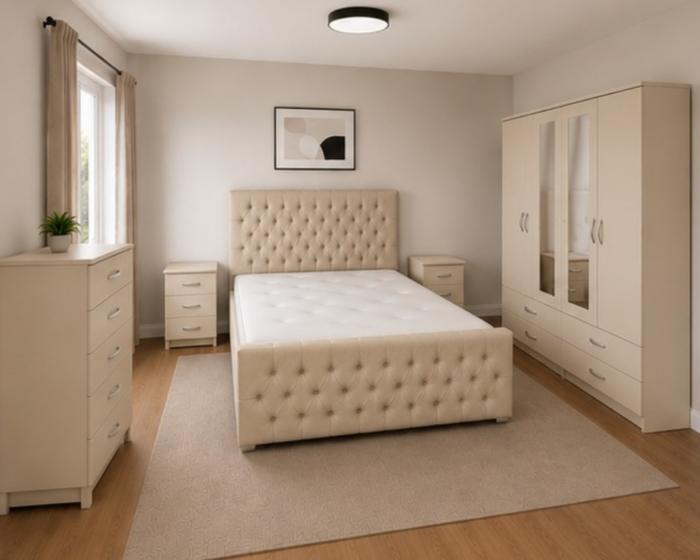 Deluxe King Bed Bedroom Suite - Four Door Wardrobe With Two Mirrors And Four Bottom Drawers - Chest of Five Drawers With Two Bed Side Tables