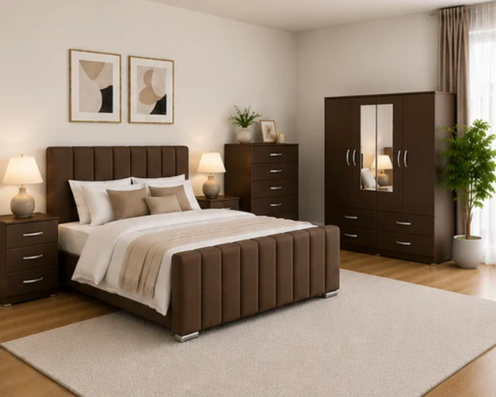 Luxury King Size Bed Suite - Four Door Wardrobe With Full Length Mirror And Bottom Drawers - Chest of Five Drawers - Two Bedside Tables