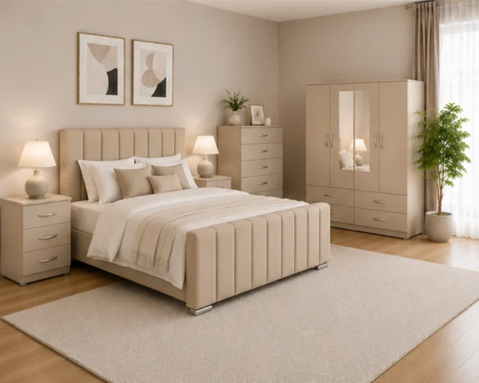 Premium Bedroom Set - King Size Bed - 4 Door Mirror Wardrobe - Five Drawer Chest - Bedside Table Pair