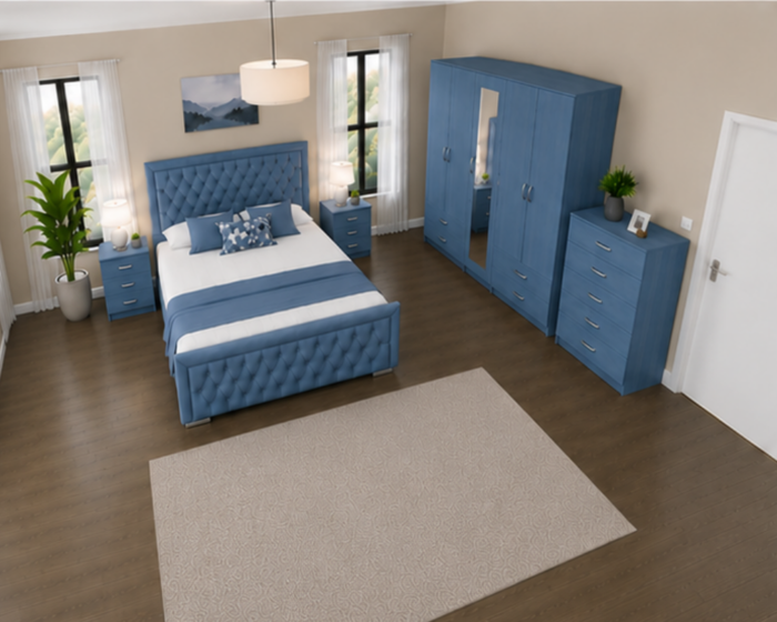 Elegant Bedroom Collection - King Size Bed - Five Door Mirror Wardrobe With Four Drawers - Chest of Five Drawers - Two Bedside Tables