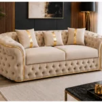 Luxury Beige Chesterfield 3 Seater Sofa with Gold Trim | Velvet Sofa UK