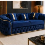 Luxury Royal Blue Chesterfield 3 Seater Sofa with Gold Trim | Velvet Sofa UK