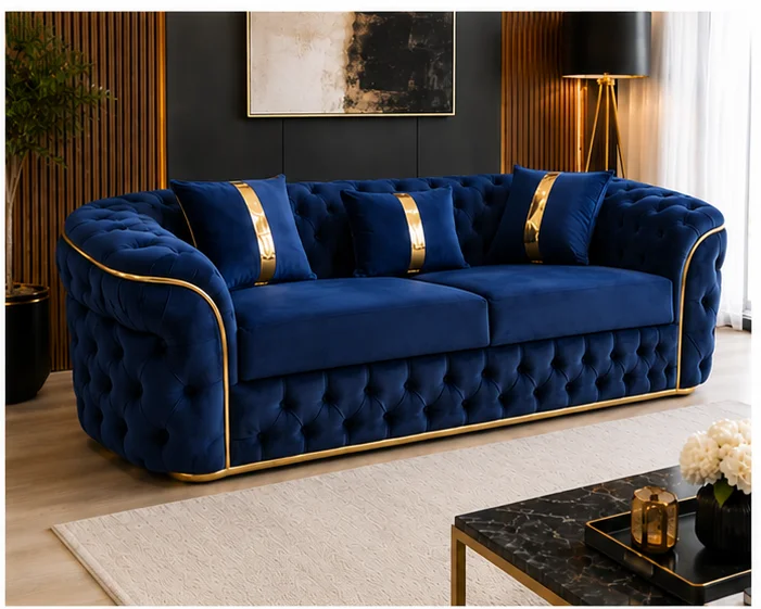 blue_sofa_angle_2 Luxury Royal Blue Chesterfield 3 Seater Sofa with Gold Trim | Velvet Sofa UK - Image 1