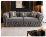 Luxury Grey Chesterfield 3 Seater Sofa with Gold Trim | Velvet Sofa UK - Image 2