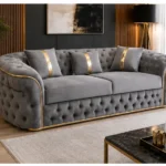 Luxury Grey Chesterfield 3 Seater Sofa with Gold Trim | Velvet Sofa UK