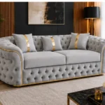 Luxury Light Grey Chesterfield 3 Seater Sofa with Gold Trim | Velvet Sofa UK