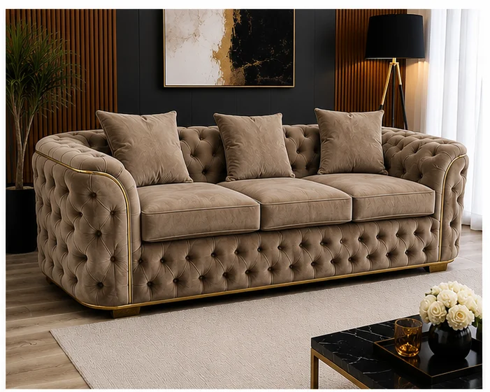 Luxury Taupe Chesterfield 3 Seater Sofa with Gold Trim | Velvet Sofa UK (Copy)