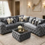 Light Grey Corner Sofa - Luxury L Shape Sofa with Deep Button Detailing