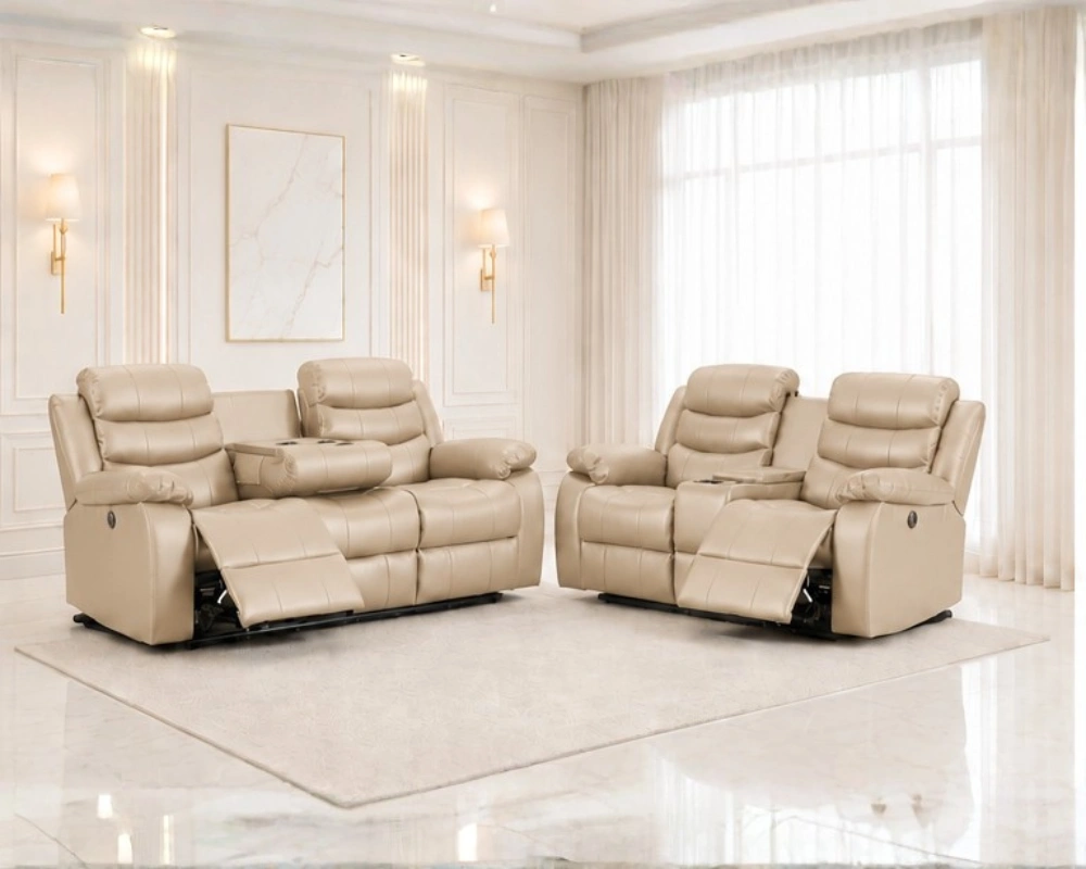 1 Roma Recliner Sofa 3+2 Combination _ Contemporary Style & Luxury Beige Roma Recliner Sofa Set 3+2 – Luxury Leather Living Room Suite - Image 1