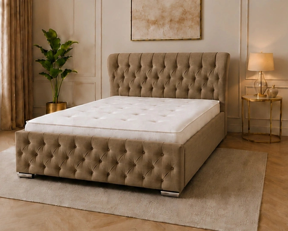 10 Modern Buttoned Bed – Elegant Bedroom Bed Frame Chestnut Brown King Oxford Bed – Contemporary Luxury Headboard with Comfortable Mattress - Image 1