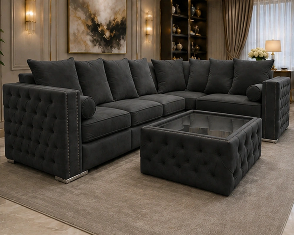 10 Refined Sectional Living Room Suite with Comfortable Cushions, Deep Tufting Premium 5 Seater Charcoal Sofa – Modern Deep Grey Lounge Suite with Elegant Comfortable Design - Image 1